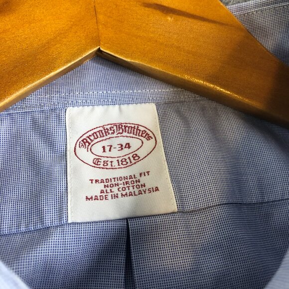 Brooks Brothers Shirt 17 34 Blue Traditional Oxford Button Micro Check - Picture 2 of 11